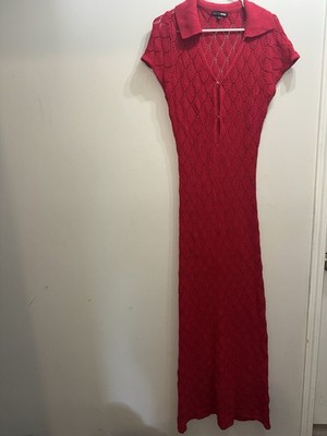 Fashion Nova Red Crochet Maxi Dress XL Short Sleeve Collar Tie Front Women  | eBay