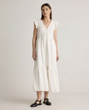 Quince Organic Cotton Smocked V-neck Midi Dress White S Boho Cottagecore Prairie