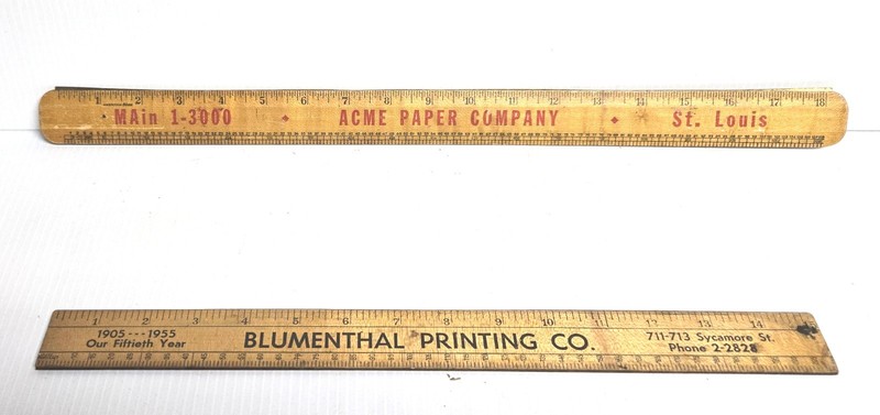 BLUMENTHAL PRINTING CO. & ACME PAPER CO. - 15" & 18" WOODEN PRINTING RULERS