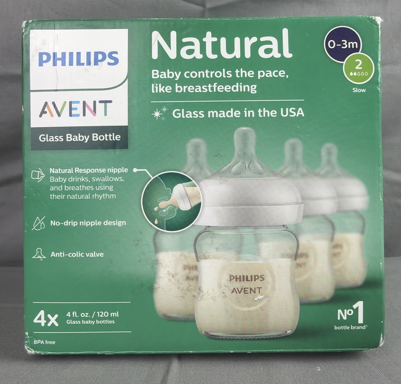 Philips Avent Natural Glass Baby Bottle 4 0z - 4 Pack Slow F
