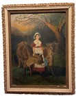 ANTIQUE COUNTRY FARM PRIMITIVE FOLK ART DAIRY COWS GIRL OIL PAINTING WOOD FRAME — photo 2