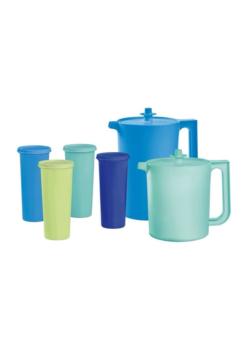 Tupperware Heritage Pitcher 4 Tumbler Set w/Lids BPA-Free - Blue
