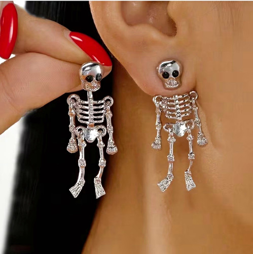 Silver Tone Metal Skeleton Skull Dangle Drop Stud Earrings 4.2cm