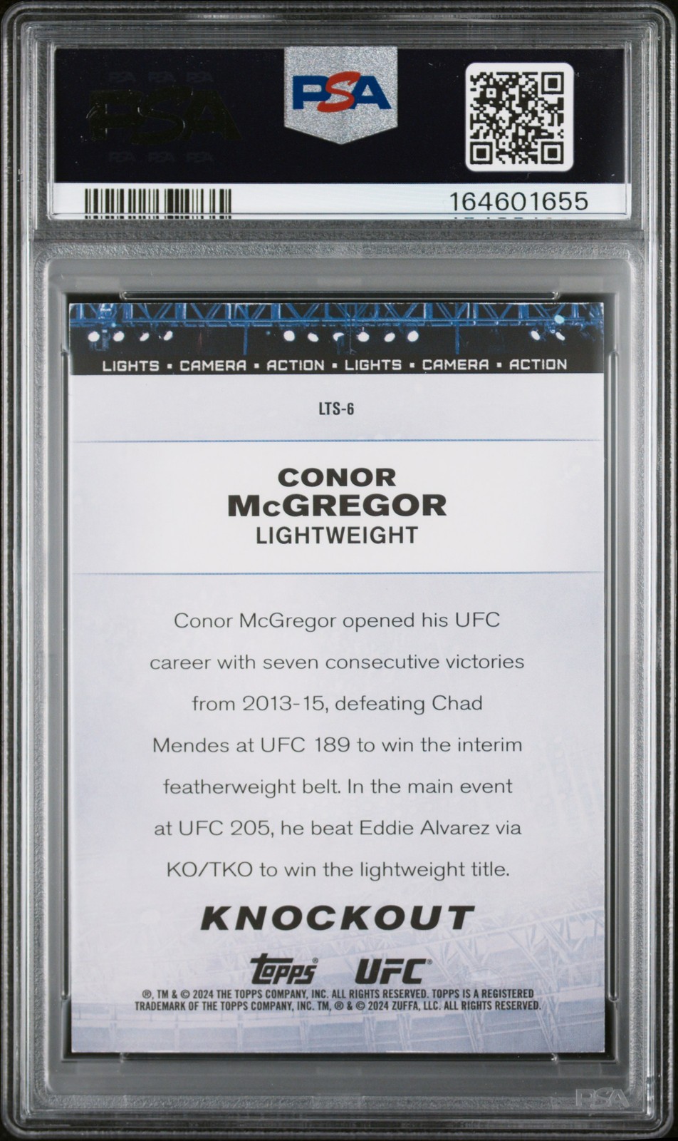 2024 TOPPS KNOCKOUT UFC LIGHTS BLACK #LTS6 CONOR MCGREGOR 4/10 PSA 7 view 2