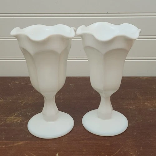 Vintage White Milk Glass Footed Ice Cream Sundae Parfait Tulip Goblets Set of 2