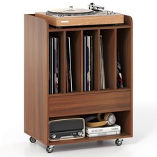 Record Player Stand w/ Drawer  Record Holder,Lockable Wheels for Living Room