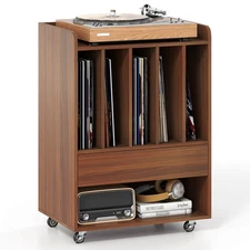 Record Player Stand w/ Drawer & Record Holder,Lockable Wheels for Living Room