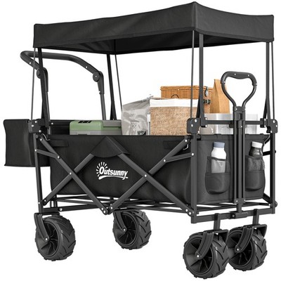 Outsunny Outdoor Schiebewagen Kinderwagen Wagen mit Verdeck schwarz