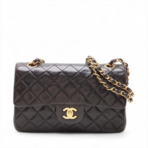 Chanel Matelasse 23 Small Lambskin Double Flap Double Chain Bag Black Gold Metal