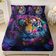 Tiger Fitted Sheet Set Queen Size,Colorful Jungle Tiger Bed Sheet Set for Bedroo