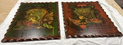 2 Medieval Theme Print Art Wooden Wall Plaques by Estaban Vintage 1977 Rare