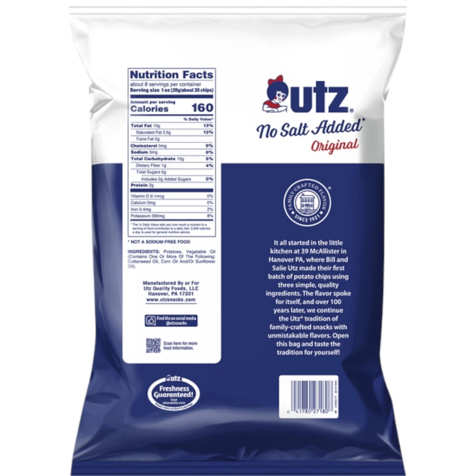 UTZ No Salt Added Original Potato Chips 7.5 Ounces (6 Bags) - Изображение 2 из 4