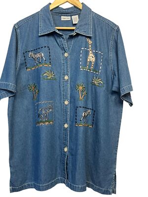 Vintage Cabin Creek Jean Shirt Size 1X Safari Animal Embroidery & Button-Front 
