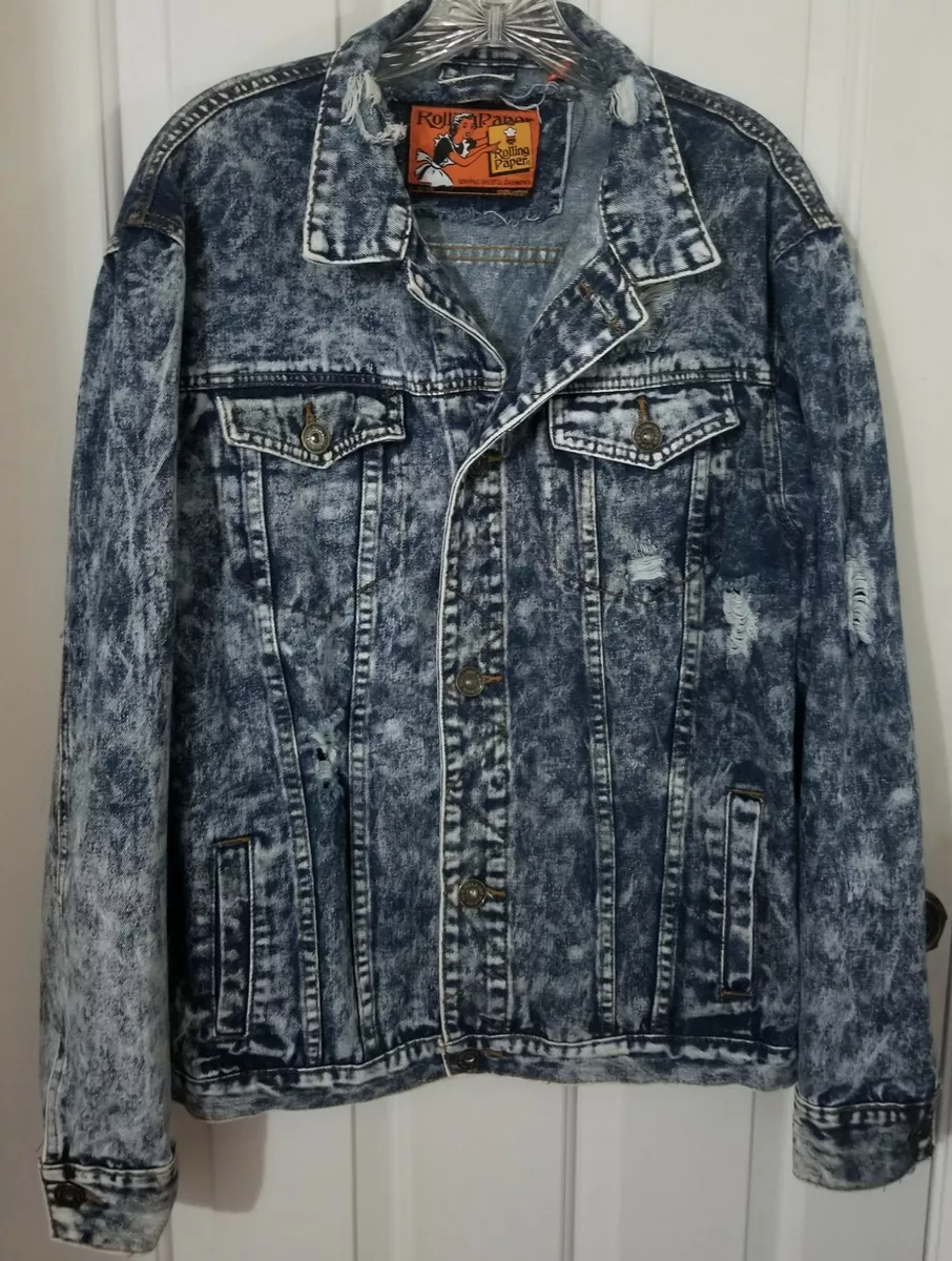 Rolling Paper Sz L Distressed Acid Wash Mens Jean Jacket 100% Cotton Med  Wash