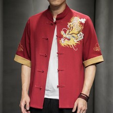 Men Embroidery Dragon Shirt Tops Tang Suit Half Sleeve Button Retro Chinese Chic