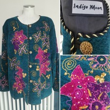 Indigo Moon Teal Embroidered Sequin Jacket Size 3xl Chenille Pink Purple Floral