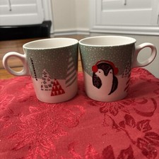 STARBUCKS set 2 Holiday coffee mug Penguin Christmas Tree Snow Winter 10 oz 2016