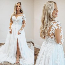 Bohemian Sexy Plus Size Wedding Dresses Long Sleeves Side Split Bridal Gowns