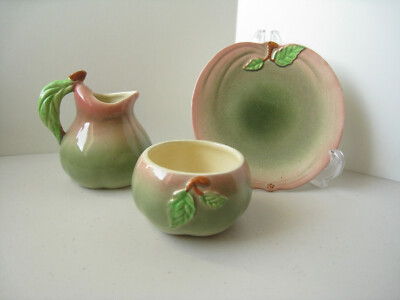 Vtg Shorter & Son Plate Sugar Bowl And Creamer Cream Pitcher Fruits Apple Pear