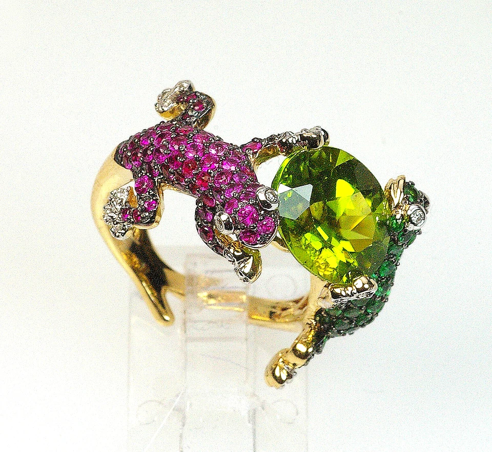 14k, ANILLO GECKO, PERIDOTO, ANIMAL, VERDE RUBÍ, DIAMANTE TSAVORITA, ORO AMARILLO Foto 4 de 4