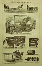 1897 ANTICA STAMPA LITOGRAFIA:MACCHINE TREBBIATRICI.VARIA TIPOLOGIA Brockhaus.