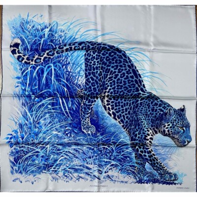 Hermes Scarf PANTHERA PARDUS 90 cm silk blue Leopard animal Carre