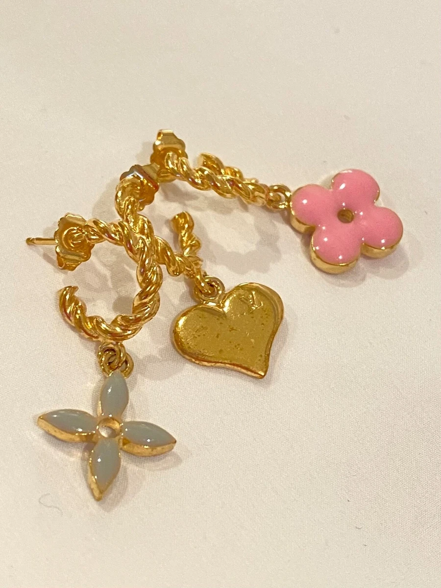 LOUIS VUITTON Goldtone Metal Pink Sweet Monogram Charms Set of Three  Earrings