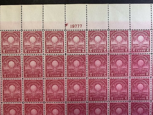 US #654 2c Edison's Frist Lamp. Full Sheet of 100 Perf 11, MNH VF (BCV $240) - Picture 3 of 12
