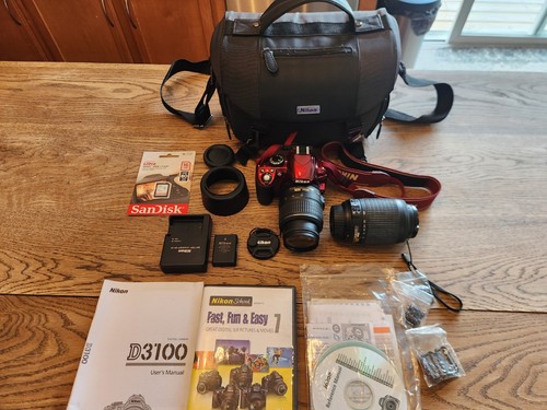 NIKON D3100 14.2 MP DIGITALE SPIEGELREFLEXKAMERA KONVOLUT ROT 55-200 OBJEKTIV UND 18-55 OBJEKTIV