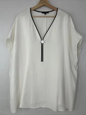 Lafayette 148 New York Women’s 3X Ivory Black Cap Sleeve 1/2 Zip Silk Blouse