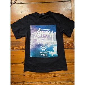 Stussy World Tour Cloud Print Graphic T-Shirt Black Mens Small Short Sleeve