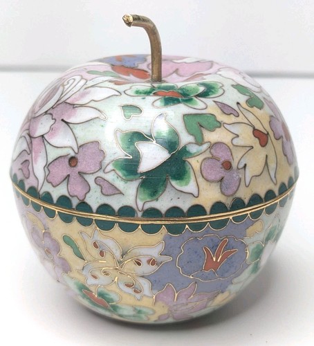 Vintage chinesische Cloisonne apfelförmige Schmuckschatulle Emaille 3,5" Lotusblumen - Bild 4 von 16
