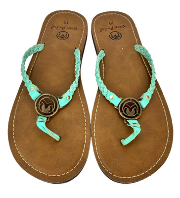 Ocean Minded Leather Sandals Women's 10 Flip Flops Shoes Flats Teal Slip On LKNU