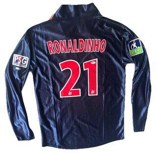 Rara maglia calcio RONALDINHO PSG manica lunga retrò firmata a mano BECKETT