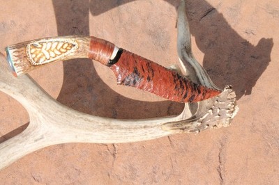 Mahogany obsidian ~ Elk antler knife ~Stabilized  box elder burl ~Flintknapping