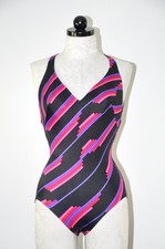 60s Rose Marie Reid Purple Striped Racerback Backless One Piece Swimsuit Women S