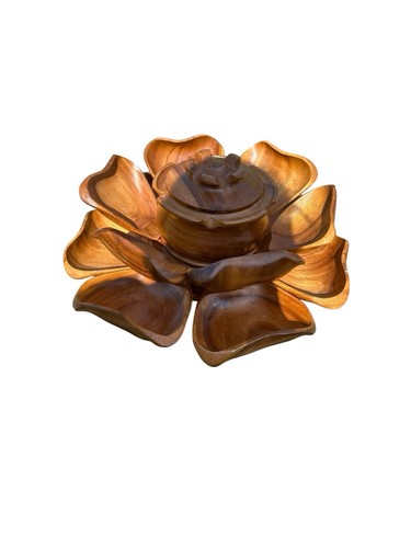 Monkey Pod Lotus Serving Bowl Set Lazy Susan Hand Carved Wood Vintage Large