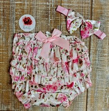 Pink Flower Polk Satin Ruffle Diaper Cover Baby with matching hairbow