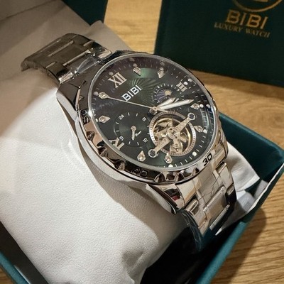 BIBI Automatic Moon Phase 24-Hour Black/Blue Dial Silver Metal Bracelet w/ Box