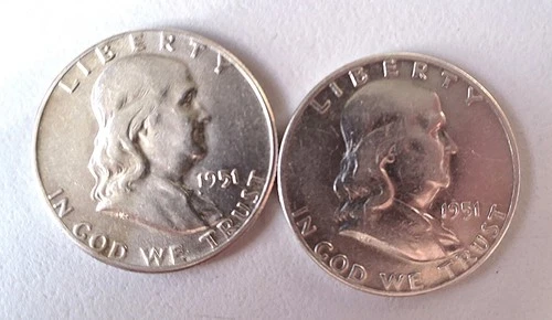 Two Franklin Silver Half Dollars. 1951 P & 1951 D. Brilliant Uncirculated.