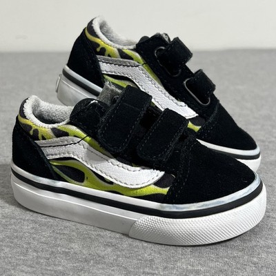 Vans Low Top Strap Toddler Size 4 Skater Black Suede Green Flames