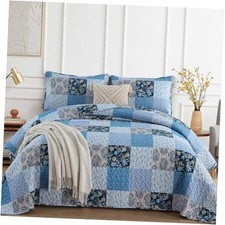 Blue Quilt Set Queen Size 3 Pieces Plaid Floral Queen 90"x 90" Acid Blue