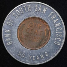 1955-D San Francisco, CA Bank 50 Years Good Luck Encased Lincoln Wheat Cent 35mm