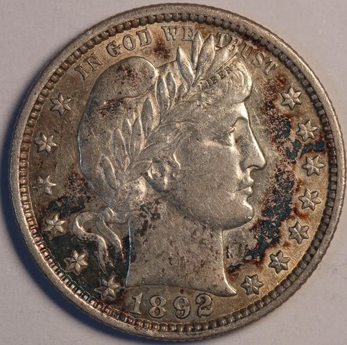 1892 P Barber Quarter, Very Choice AU, Original Surfaces, First Year of Issue!