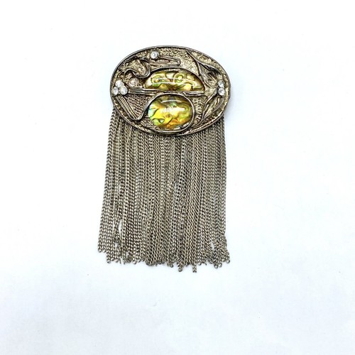Abalone rhinestone oval brooch long metal tassels C clasp vintage pin Art Deco