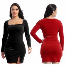 Womens Square Neck Velvet Party Dress Long Sleeve Sexy Bodycon Mini Club Dress 