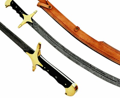 Damascus Steel Arabic Sword,Micarta wood Handle,Leather Cover.
