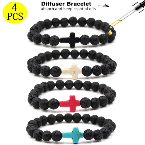 4Pcs Men's Lava Rock Stone Turquoise Cross Beaded Elastic Bracelet Yoga Jewelry - Picture 2 of 10