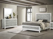 Rustic Gray White King 3pc Bed Dresser Mirror Set Wooden Bedroom Furniture
