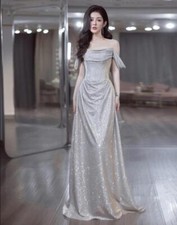 Gorgeous Off Shoulder Shine Sequins Ruffle Gown Cocktail Party Evening Dresses